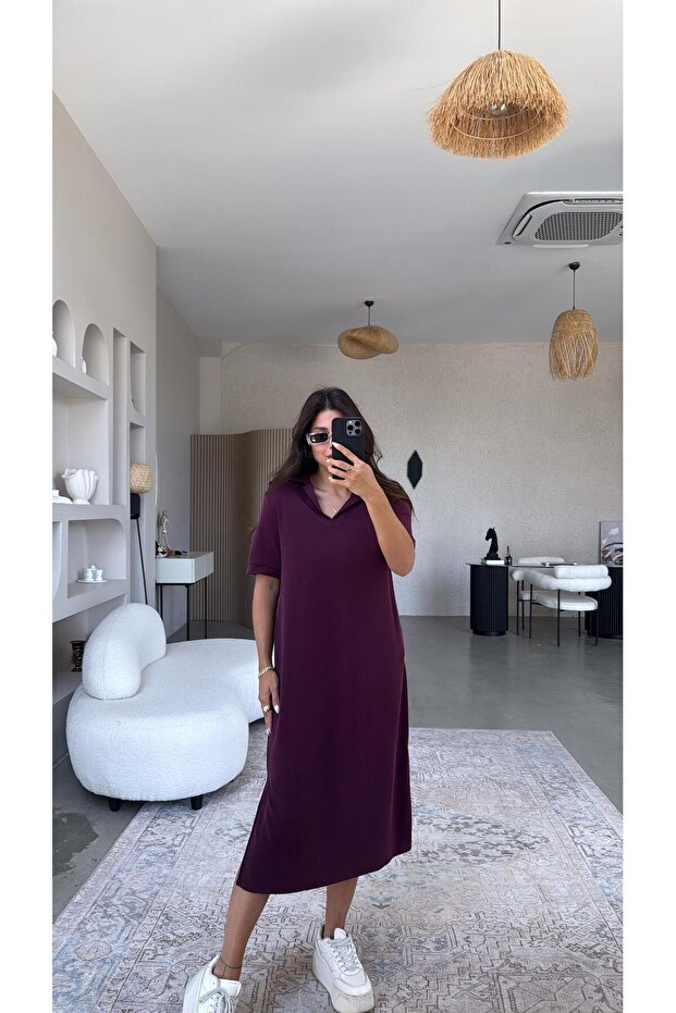 Bordo Pike Modal Yakalı Basic Elbise - 3