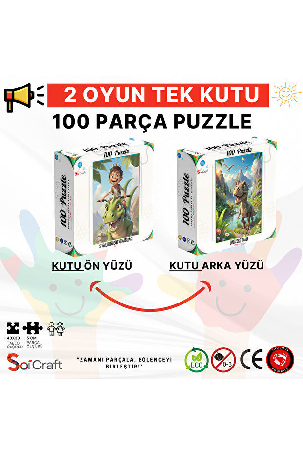 100 Parça Puzzle Çift Tasarım Tek Kutu Dinozor T-rex - 3