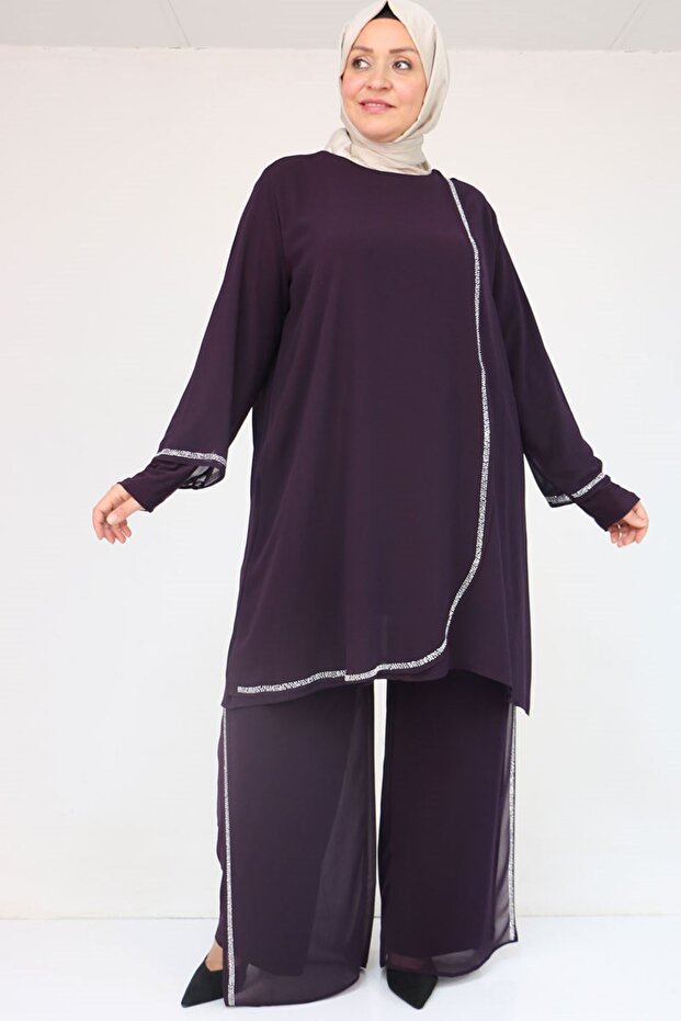 47064 Plus Size Stone Print Detail Sandy Chiffon Pants Suit - Plum