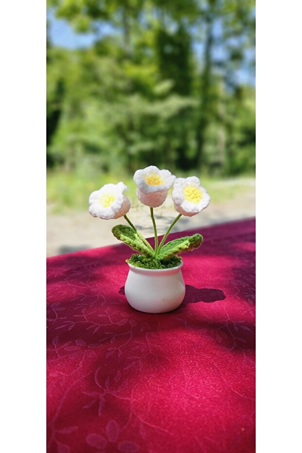 Mini Saksıda El Yapımı Beyaz Örme Çiçek - 1