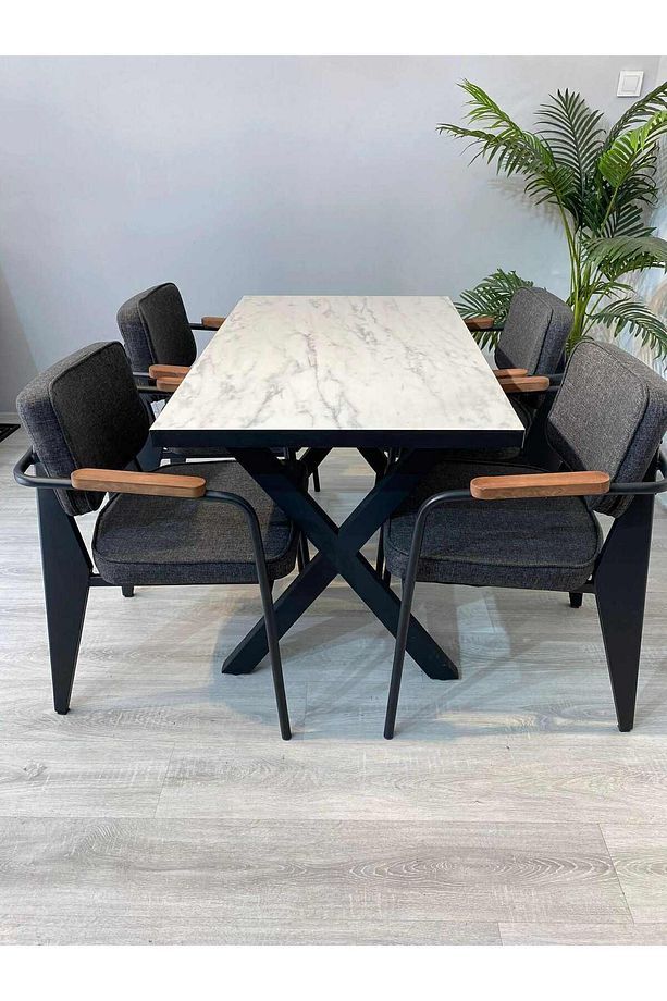 Cafe Restoran Masa Sandalye Takımı 120x70 Mdf Masa 4 Adet Keten Kumaş Ergo Sandalye - 2