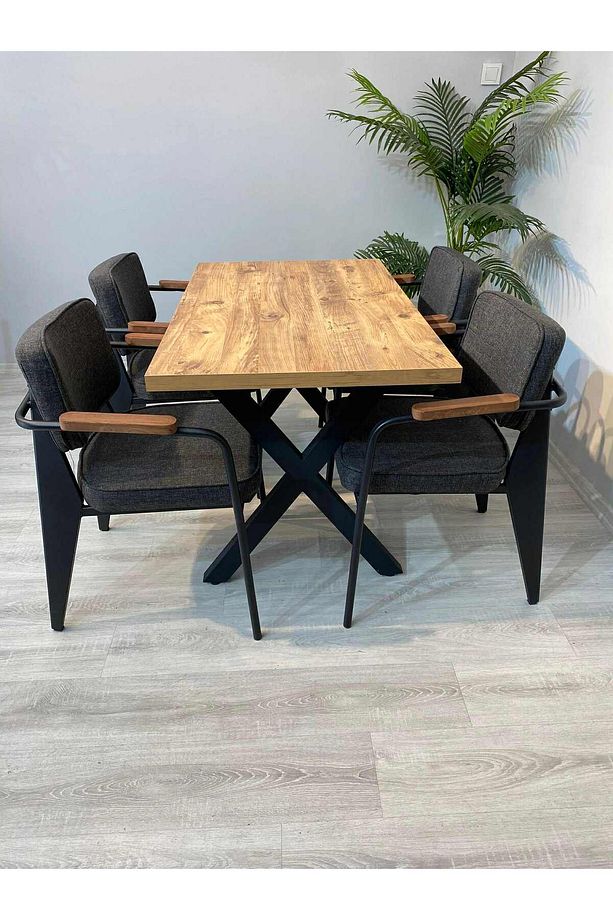 Cafe Restoran Masa Sandalye Takımı 120x70 Mdf Masa 4 Adet Keten Kumaş Ergo Sandalye - 1