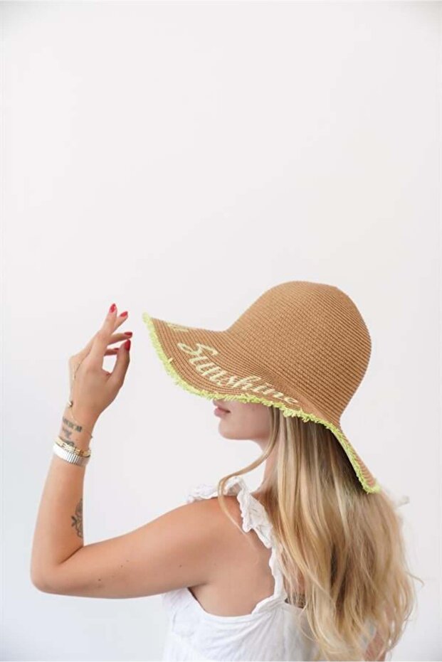Women's Edt Natural Green Text Detailed Straw Hat