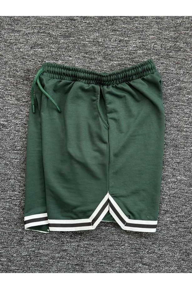 Unisex Basic Yeşil Şerit Detaylı Soft Kumaş Spor Şort | Rahat Kalıp - 2