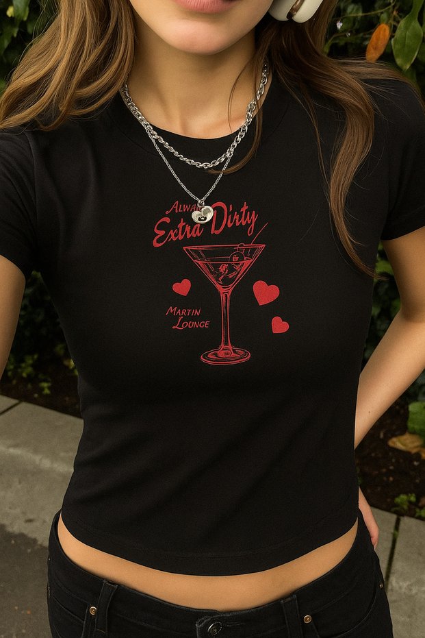Women's Black Martini Lounge Printed Crew Neck Tight Crop Tshirt