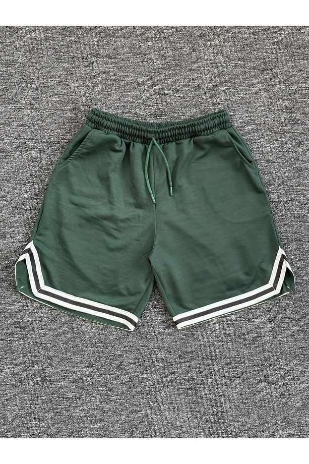 Unisex Basic Yeşil Şerit Detaylı Soft Kumaş Spor Şort | Rahat Kalıp - 1