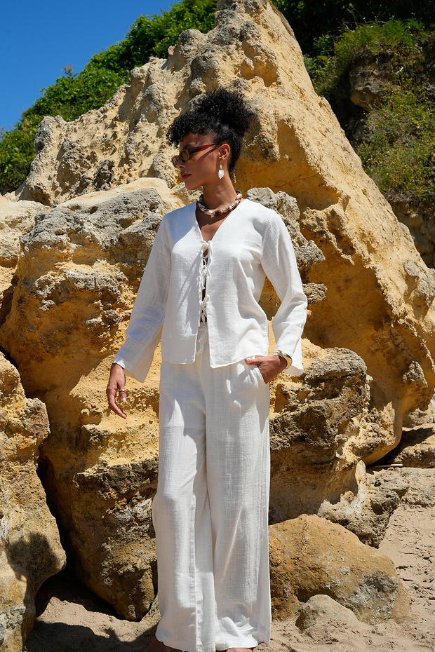 بلوزة كتان بربطة عنق أمامية من الكتان - 5