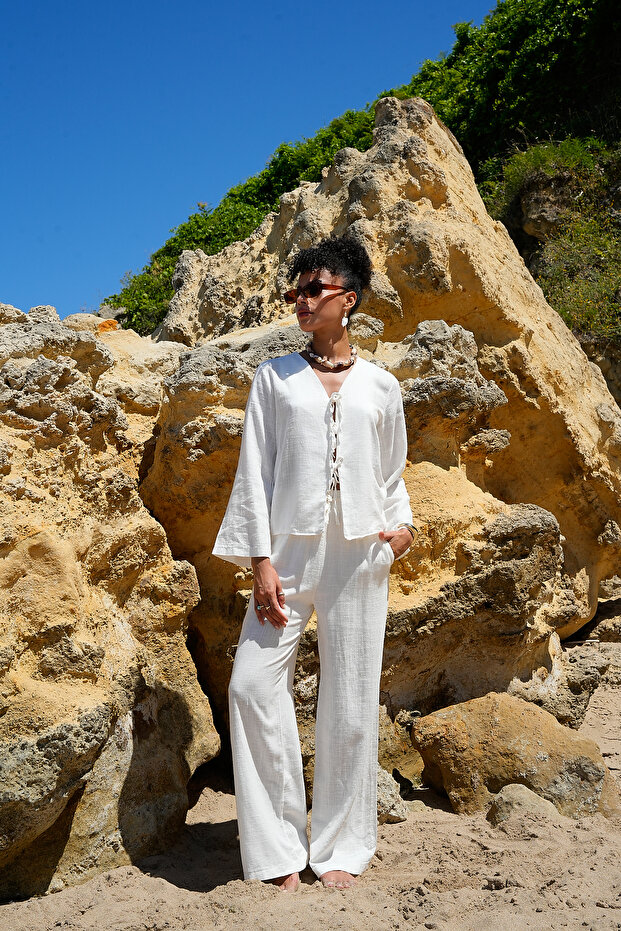 Linen Tie Front Blouse Pants Set