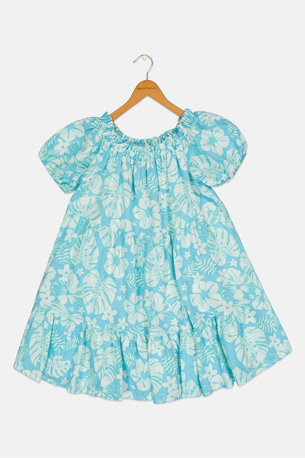 Linen Dress Floral Balloon Sleeve Tiered