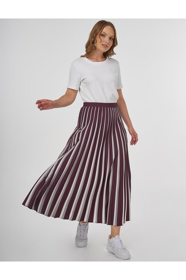 Line Print Detailed Pleated Skirt Burgundy-Grey
