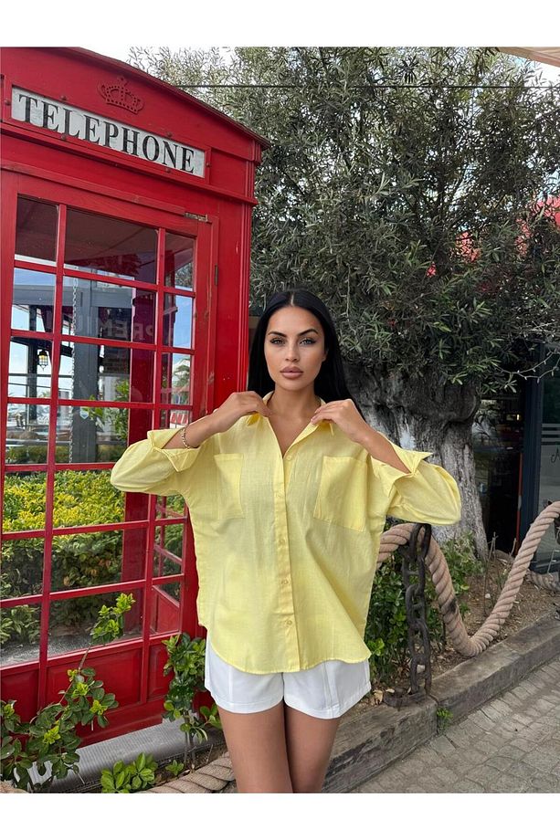 Sarı Oversize Cepli Pamuklu Polyester Gömlek - 5