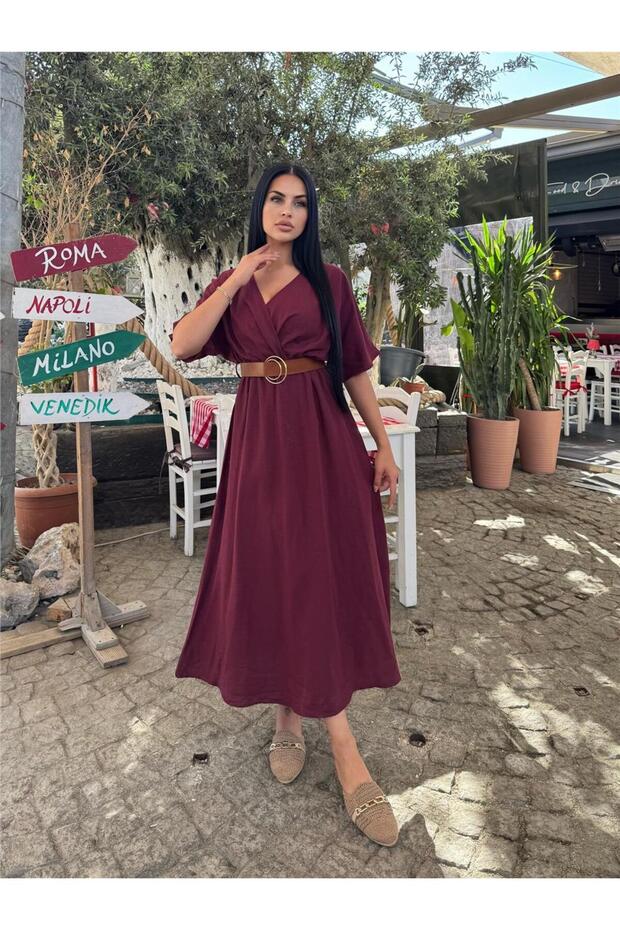 Burgundy Double Breasted Belted Satin Dress