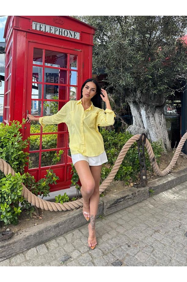 Sarı Oversize Cepli Pamuklu Polyester Gömlek - 2