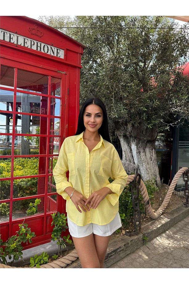 Sarı Oversize Cepli Pamuklu Polyester Gömlek - 6