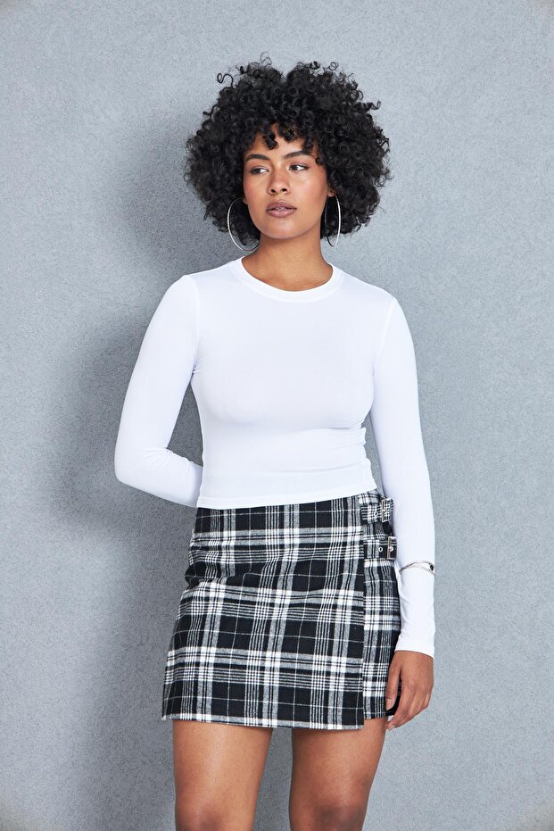Women's Black Plaid Buckle Detailed Mini Skirt Dm2029
