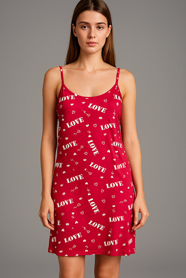 Red Love Written Heart Strap Nightdress