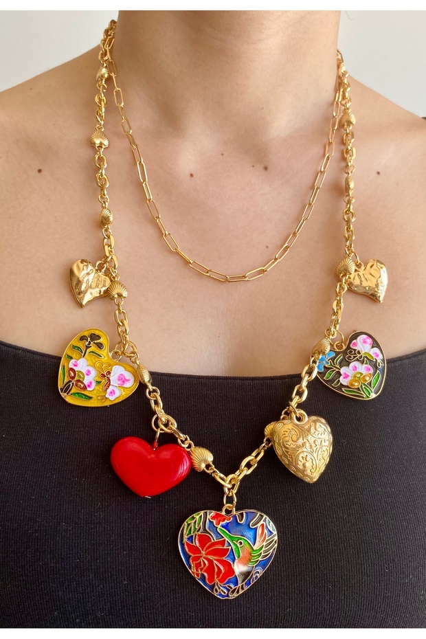 Black Red Heart Figured Charm Necklace
