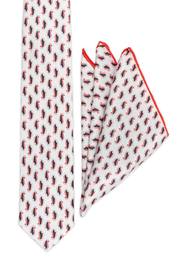 طقم ربطة عنق حريرية منقوشة باللون البيج - 1