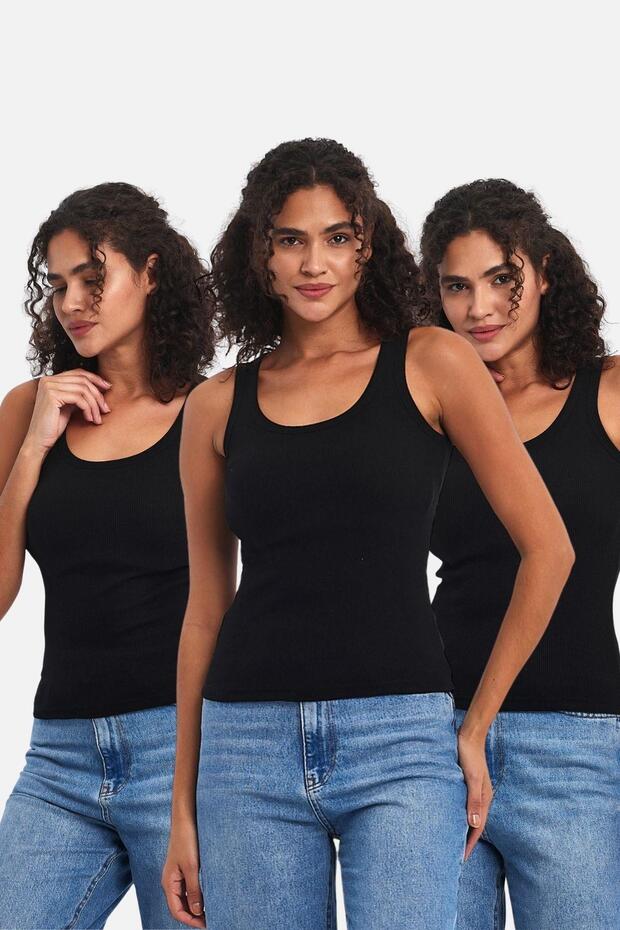 Corded Fabric Black Crop Pool Neck Zero Sleeve Cotton 3-Piece Women's Undershirt Mtlcb92