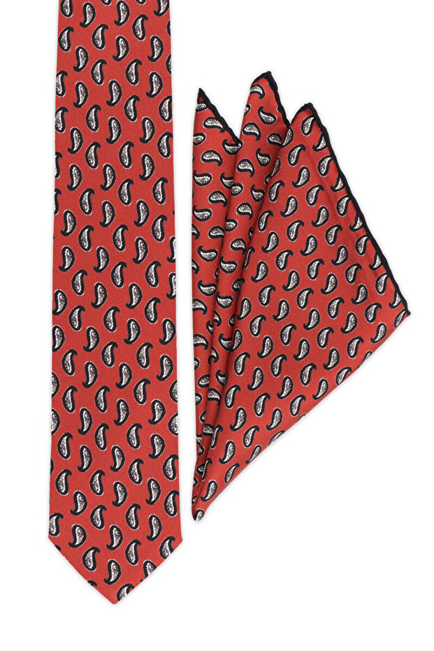 مجموعة ربطة عنق حريرية منقوشة باللون العنابي - 1