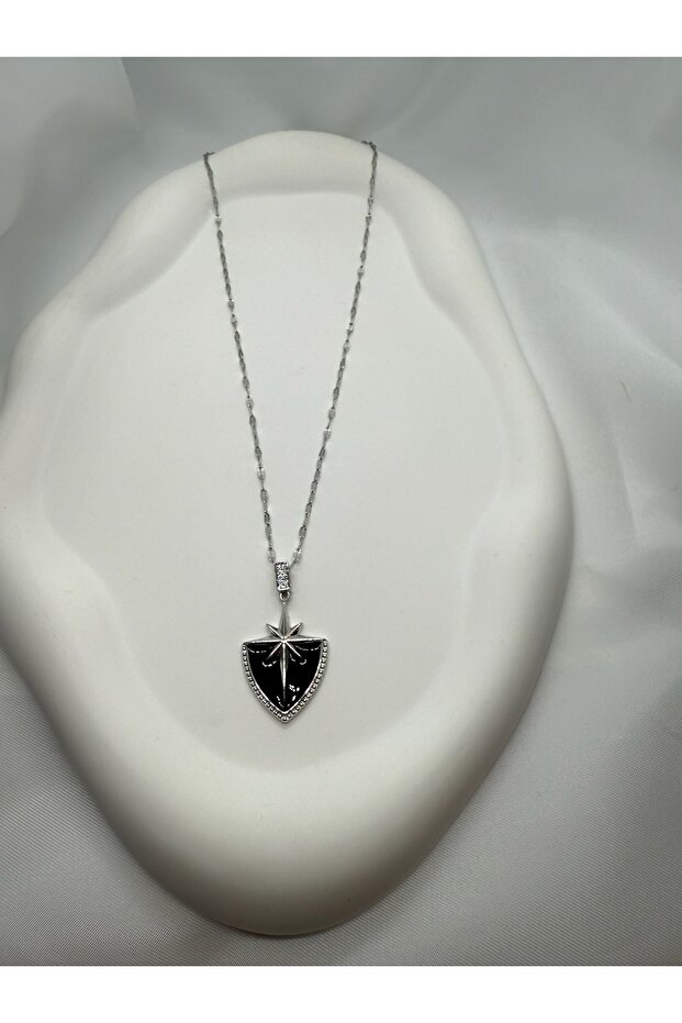 Black Enamel Polar Star Detailed Zircon Stone Shield Charm Silver Silver Color Steel Necklace