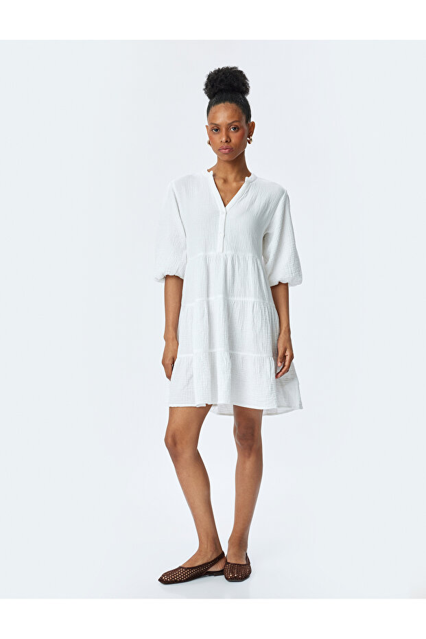 Cotton Layered V Neck Short Balloon Sleeve Mini Muslin Dress
