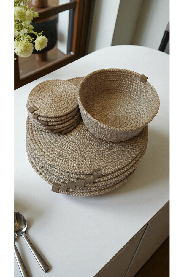 Kaan Home 13 Piece Hand Woven Breakfast Set - 6 Supla 6 Tea Bottom 1 Bread Basket Vegan Presentation