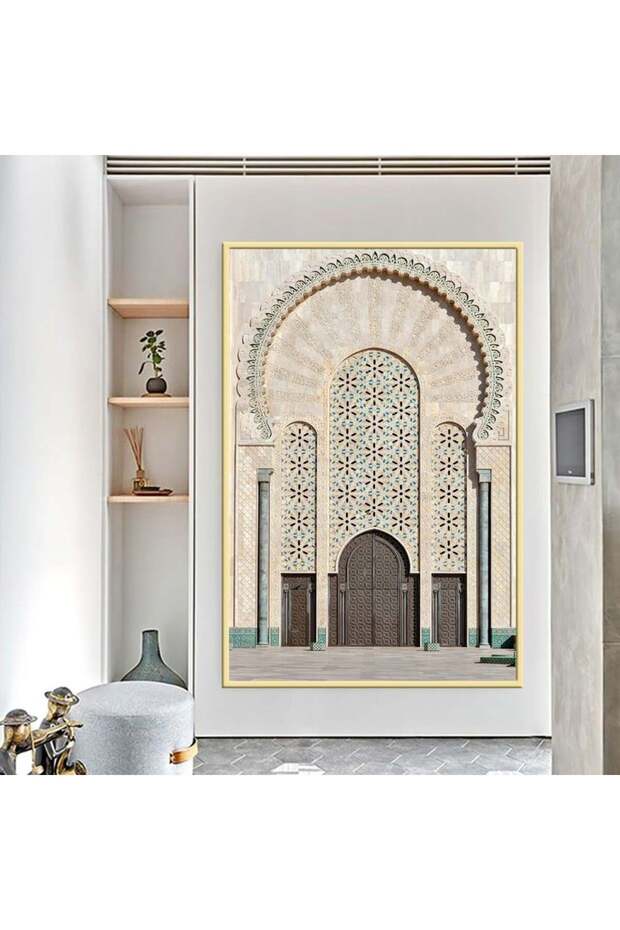 لوحة قماشية بتصميم مسجد مع برواز ذهبي مجوف