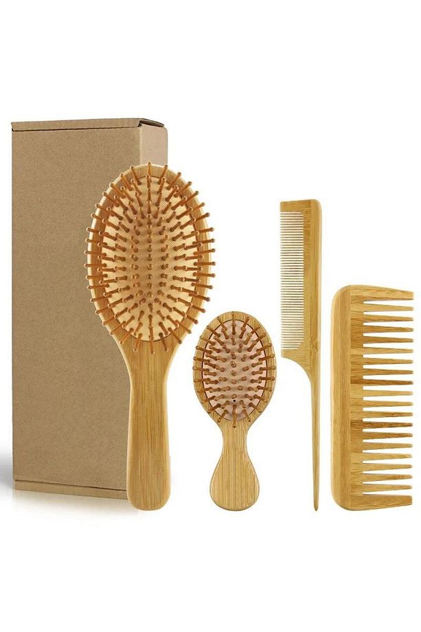 4 Adet Bambu Fırça Tarak Seti %100 Bambu Set - 1