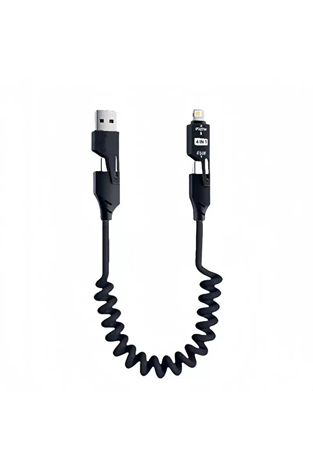 كابل بيانات USB متعدد 4 في 1 PD 65 واط أسود بطول 1.5 متر، سلسلة مفاتيح USB C PD، سلك شحن سريع لهاتف iPhone 15 14