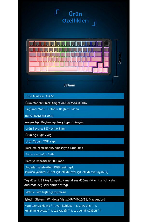 AK820 Max Ultra 3 Modlu Manyetik Switch Klavye-8+8K tepkime Süresi-128 K Tarama Hızı Web Driver - 6