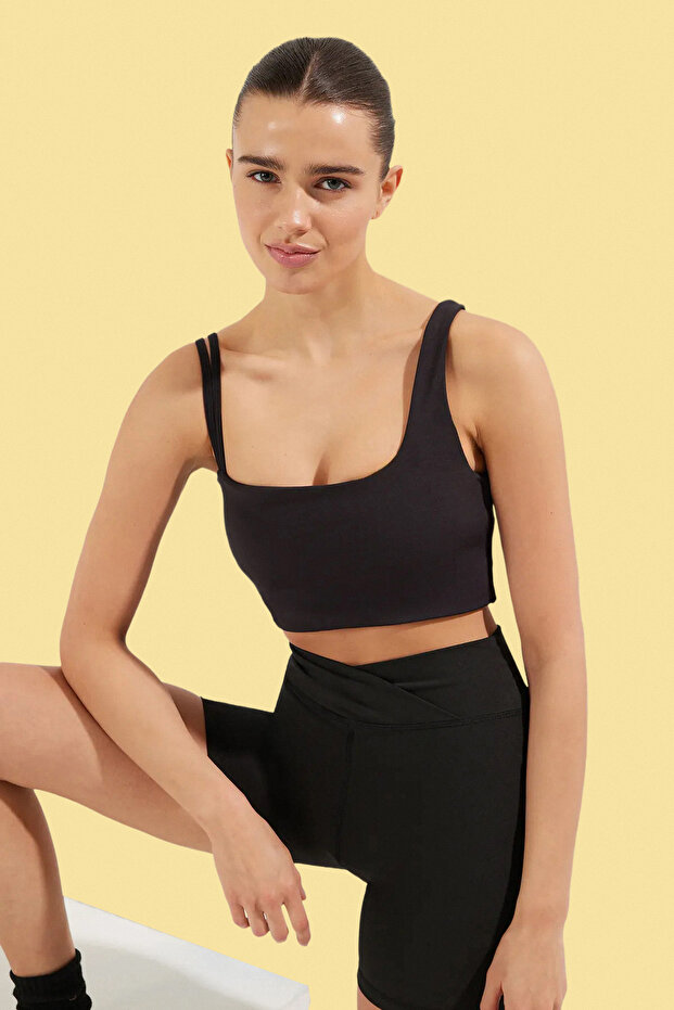 Siyah Soft Fırçalı Kumaş Çift İp Askılı Destekli/Şekillendirici Örme Spor Sütyeni THMSS25SS00007 - 1