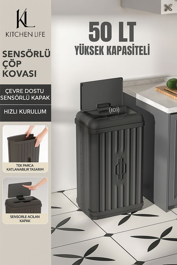 50 Lt Mega boy Hareket Sensörlü Sessiz Açma Kapama Çok Amaçlı Sensörlü Çöp Kutusu - 1