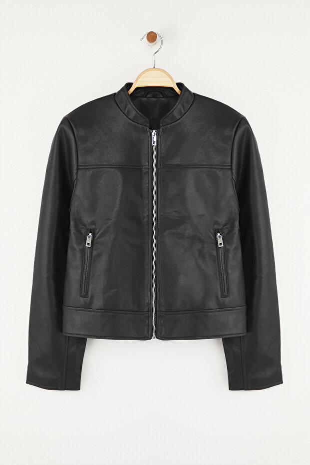 Siyah Fitted Kalıp Suni Deri Biker İnce Ceket Mont TWOAW26MO00085 - 5