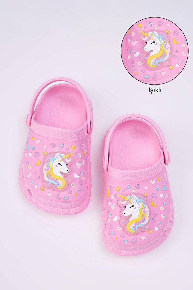 Pembe Işıklı Önü Kapalı Unicorn Figür Detaylı Kız Çocuk Kids Sandalet Terlik TAKSS25TE00051 - 1