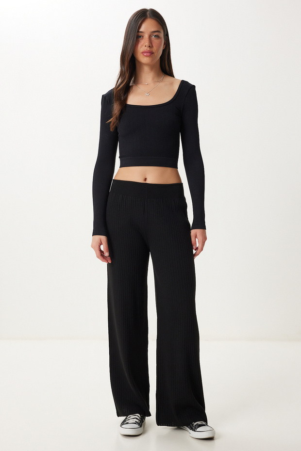 Women's Black Ribbed Knitwear Trousers Kİ00096