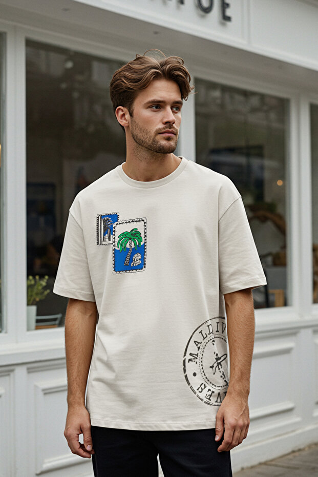 Ekru Oversize/Geniş Kesim Tropikal Baskılı %100 Pamuk T-Shirt TMNSS25TS00219 - 5