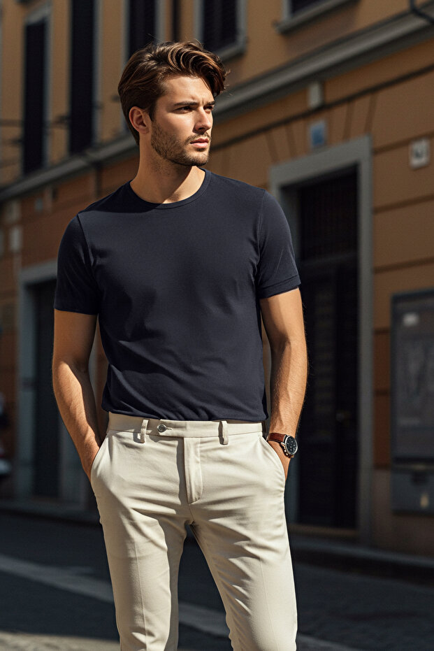 Koyu Lacivert Regular/Normal Kesim Basic Omuz Dar Kesim T-Shirt TMNSS25TS00071 - 1