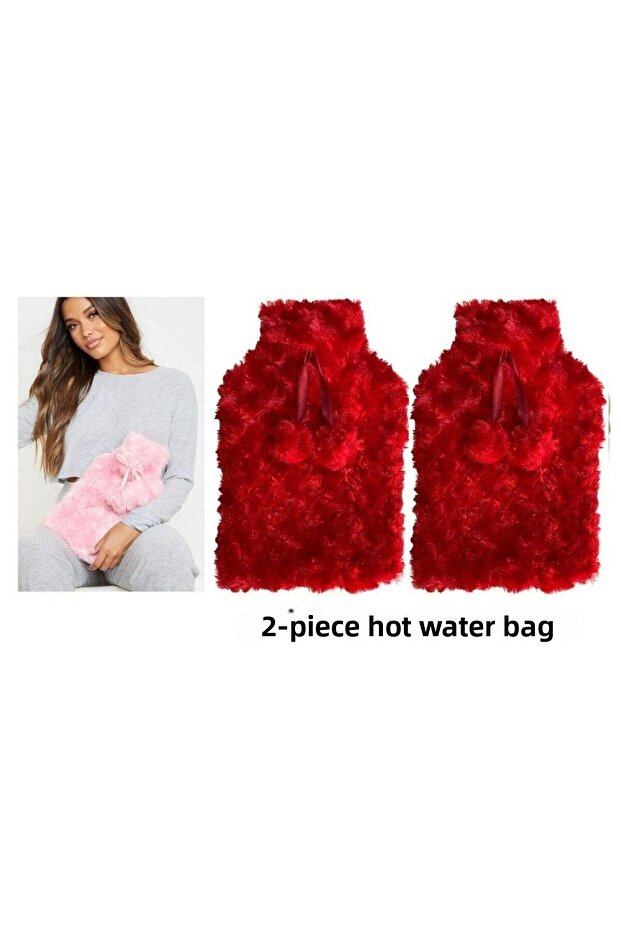 Warm Water Bag 2 Pcs, Red Color, Pompom Thermofor 26X17X2Cm 1 Liter