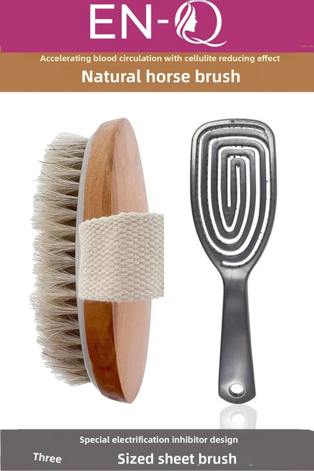 100% Natural Horsehair Cellulite Brush and Gray Pro Three-Dimensional Hair Brush Comb