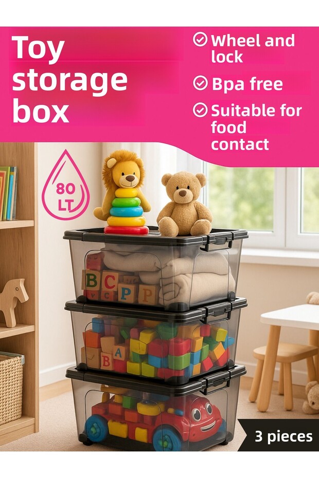80 Lt Wheeled Lockable Storage Box Set of 3 with Lid Transparent Bpa Free Stackable - 3
