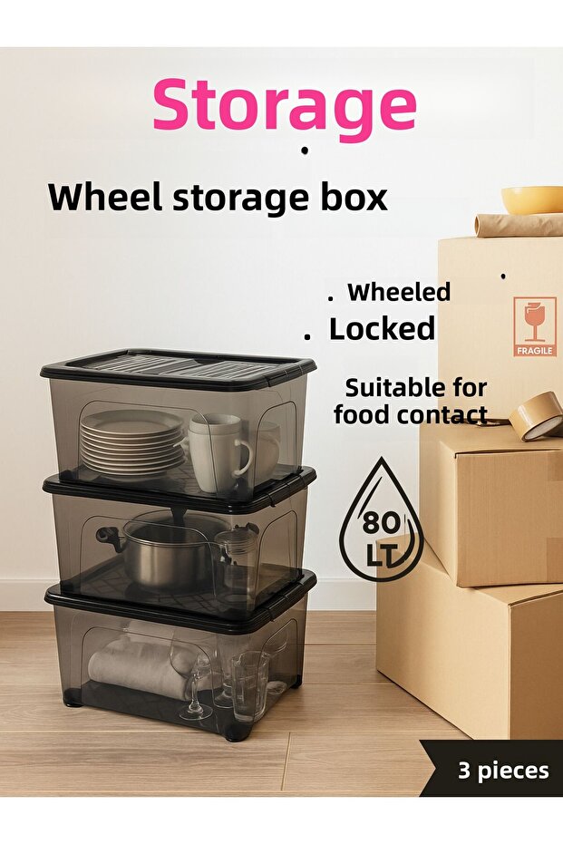 80 Lt Wheeled Lockable Storage Box Set of 3 with Lid Transparent Bpa Free Stackable - 5