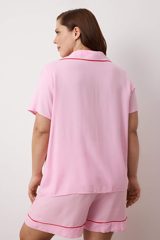Pembe Biye Detaylı Viskon Dokuma Pijama Takımı TBBSS25AI00016 - 4