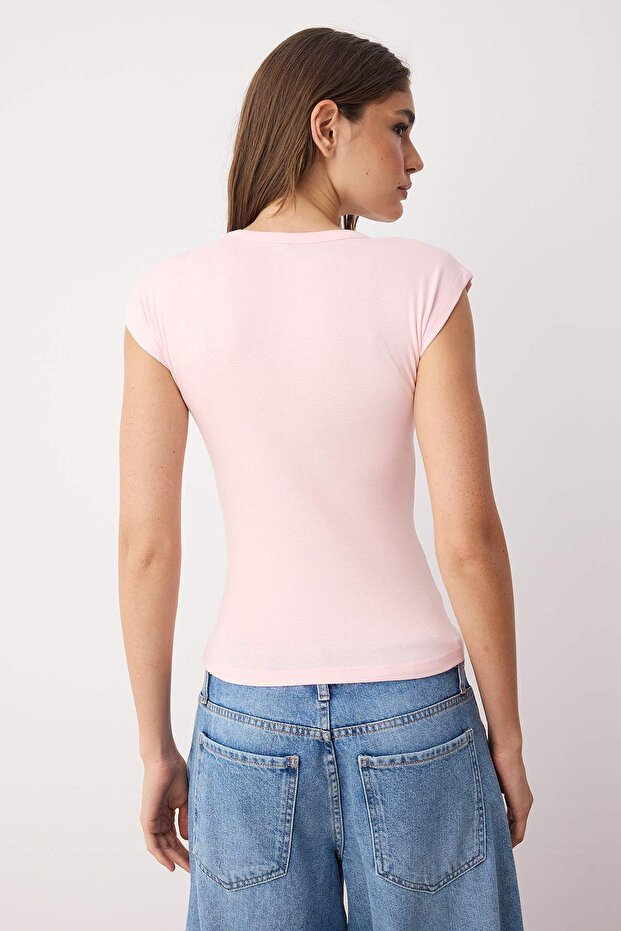 Açık Pembe Viskoz/Yumuşak Kumaş Fitted/Vücuda Oturan Ay Kol Esnek Örme Bluz TWOSS23BZ00992 - 4