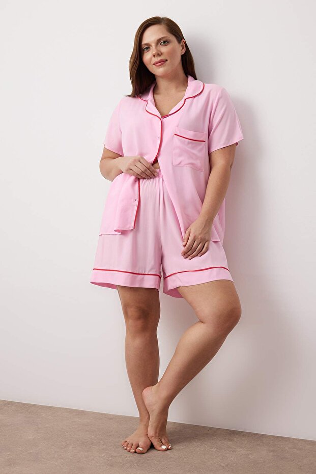 Pembe Biye Detaylı Viskon Dokuma Pijama Takımı TBBSS25AI00016 - 1