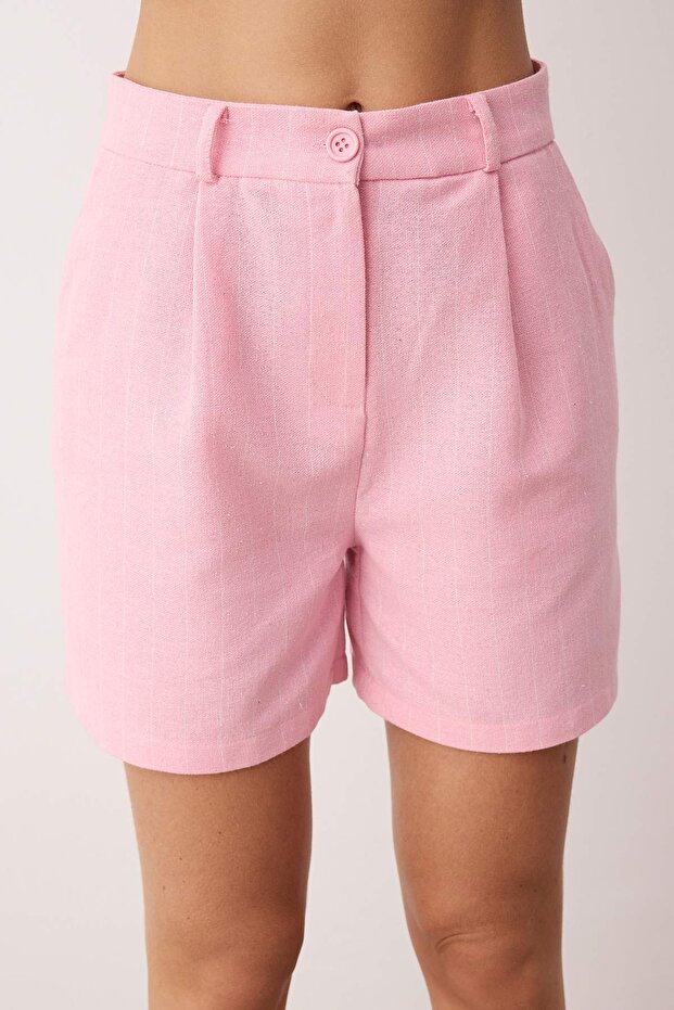 Pembe Çizgili Keten İçerikli City Boy Şort & Bermuda TWOSS25SR00230 - 4