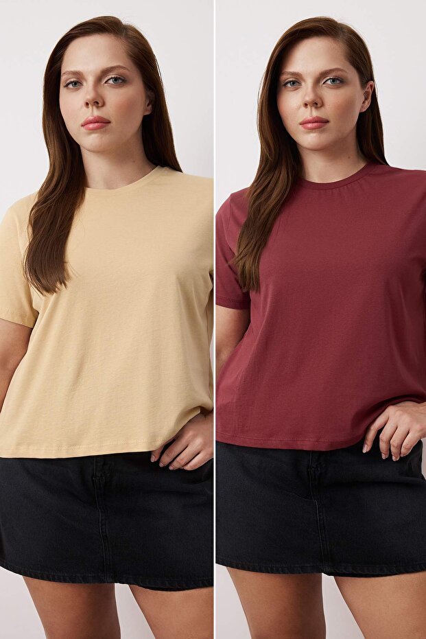 Bordó-bézs 2 csomagos nagy méretű Crop póló TBBSS25BF00080 - 1
