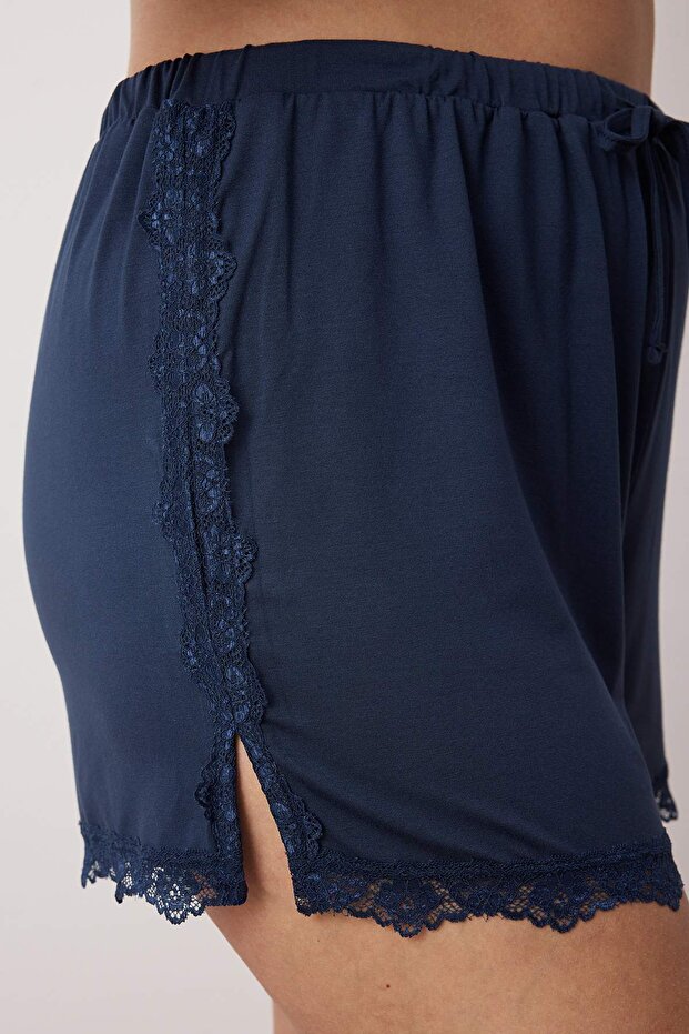 Lacivert Askılı Örme Dantel Detaylı Pijama Takımı TBBSS23AI00016 - 3