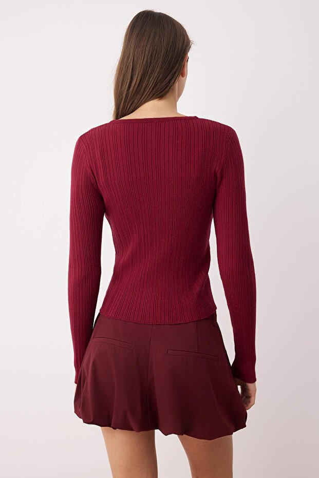 Bordo 2'li Fitilli Premium/Özel İplikli Yumuşak Dokulu Triko Hırka-Bluz Takım TWOAW26HI00003 - 5