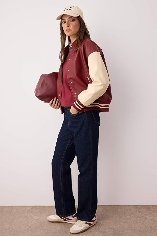 Bordo-Krem Oversize Kalıp Suni Deri Kolej Bomber Ceket Mont TWOAW26MO00006 - 2